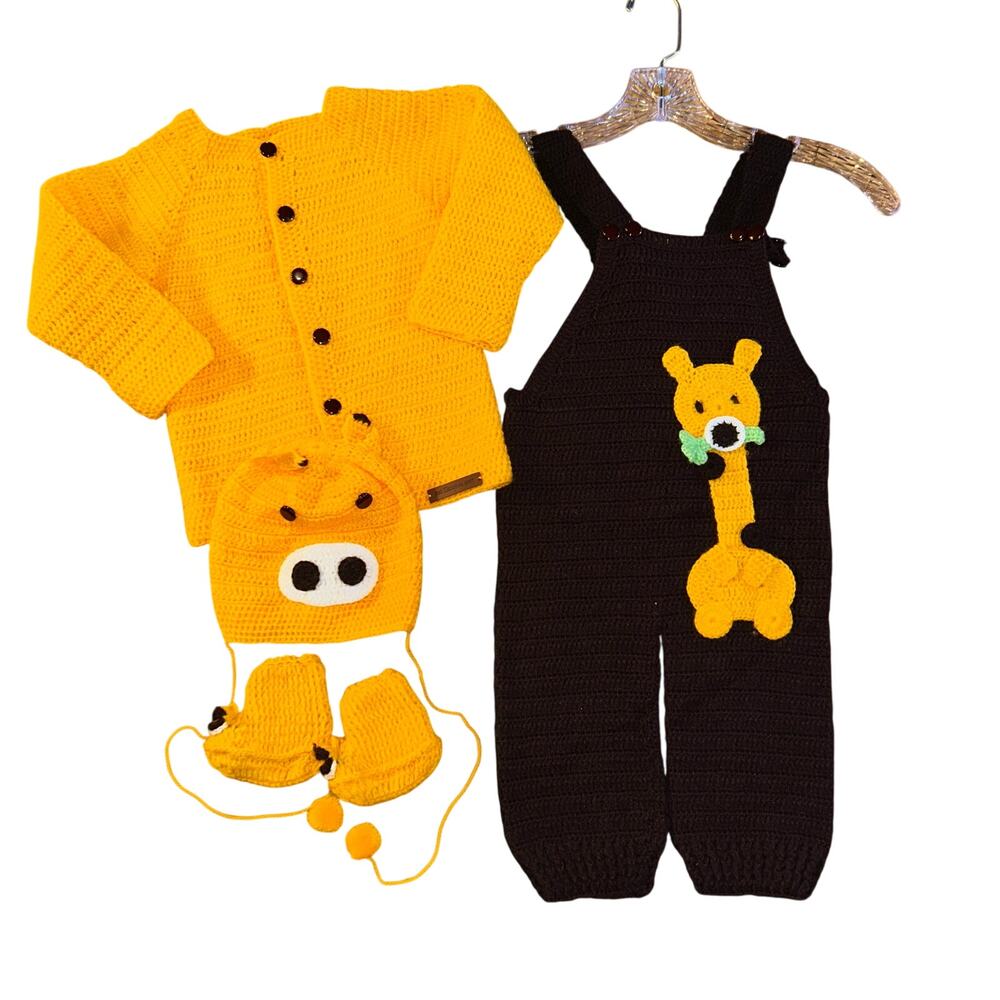 Dungaree 2T 3T Knit Yellow Brown Winter Wear Set-Giggly Giraffe overalls